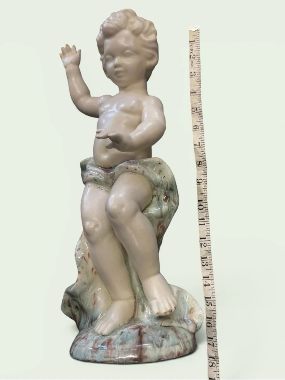 Vintage Cream Ceramic Cherub Figurine with Pale Aqua Drapery 16” x 6”